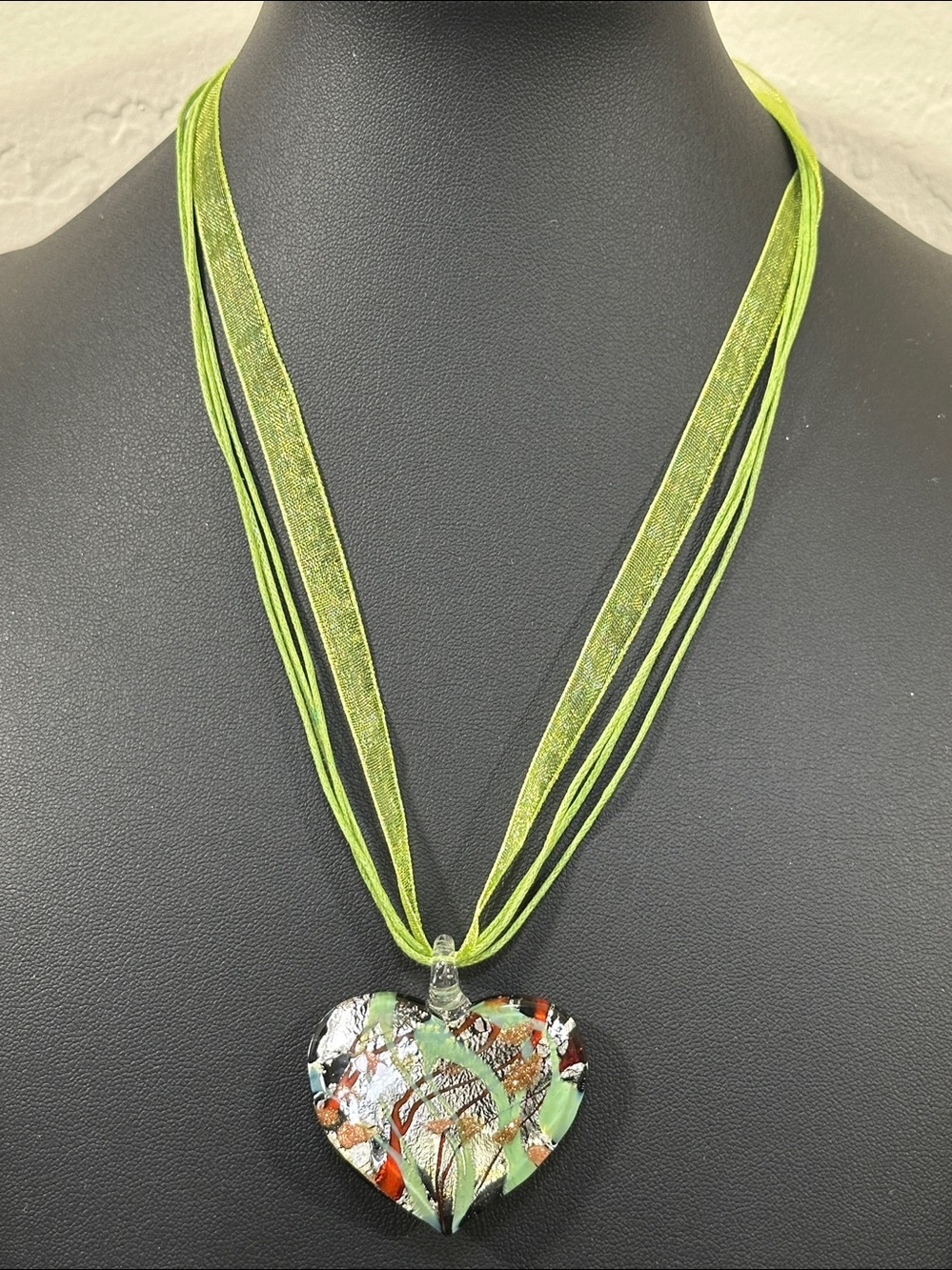 Silver Foil Gold Fleck Dichroic Glass Heart Shape Pendant Ribbon Cord Necklace
